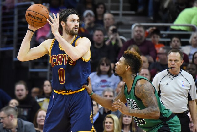 CLEVELAND, OH - FEBRUARY 5: Kevin Love #0 of the Cleveland Cavaliers defends the ball against the Boston Celtics during the game on February 5, 2016 at Quicken Loans Arena in Cleveland, Ohio. NOTE TO USER: User expressly acknowledges and agrees that, by downloading and or using this Photograph, user is consenting to the terms and conditions of the Getty Images License Agreement. Mandatory Copyright Notice: Copyright 2016 NBAE (Photo by Brian Babineau/NBAE via Getty Images)