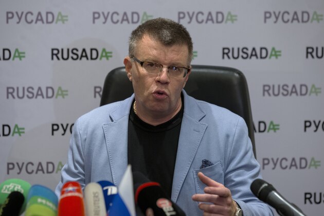 Nikita Kamaev, Managing Director of Russian Anti-Doping Agency RUSADA talks to press at the agency headquarters in Moscow on Tuesday, Nov. 10, 2015. The World Anti-Doping Agency has suspended the accreditation of Moscow's drug-testing laboratory in the wake of a damning report on Russian doping Monday. (AP Photo/Alexander Zemlianichenko)