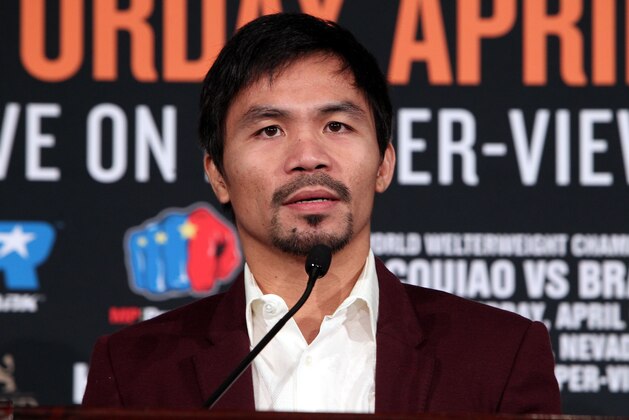 Boxer Manny Pacquiao speaks during a press conference with opponent Timothy Bradley announcing their upcoming 12-round world welterweight championship at the Beverly Hills Hotel in Beverly Hills, California, January 19, 2016.
Pacquiao said he is looking forward to swapping the boxing ring for the political arena as the countdown began towards his farewell fight with long-time American rival Timothy Bradley on April9, 2016.  / AFP / Chris Farina        (Photo credit should read CHRIS FARINA/AFP/Getty Images)