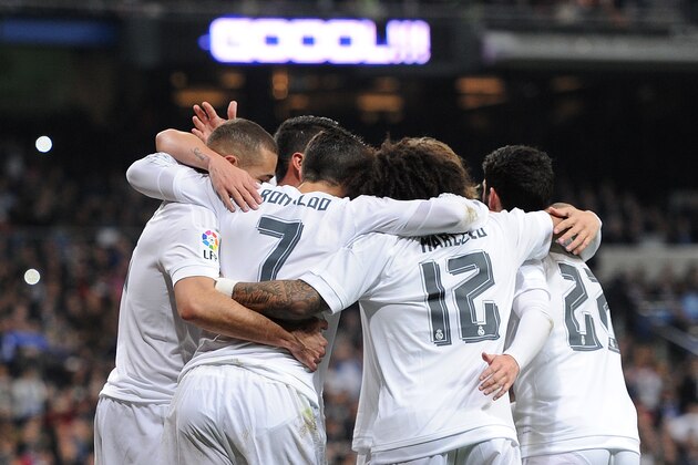 MADRID, SPAIN - JANUARY 31:  Cristiano Ronaldo (#7) of Real Madrid celebrates with teammates after scoring Real's 2nd goal during the La Liga match between  between Real Madrid CF and Real CD Espanyol at Estadio Santiago Bernabeu on January 31, 2016 in Madrid, Spain.  (Photo by Denis Doyle/Getty Images)