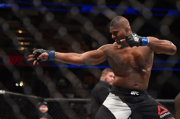 ORLANDO, FL - DECEMBER 19:   Alistair Overeem celebrates his TKO victory over Junior dos Santos in their heavyweight bout during the UFC Fight Night event at the Amway Center on December 19, 2015 in Orlando, Florida. (Photo by Jeff Bottari/Zuffa LLC/Zuffa LLC via Getty Images)