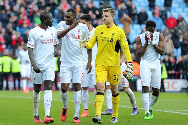 BIRMINGHAM, ENGLAND - FEBRUARY 14 : Liverpool players Mamadou Sakho, Christian Benteke and Simon Mignolet leave the pitch at full time after the Barclays Premier League match between Aston Villa and Liverpool at Villa Park on February 14, 2016 in Birmingham, England.  (Photo by James Baylis - AMA/ via Getty Images)