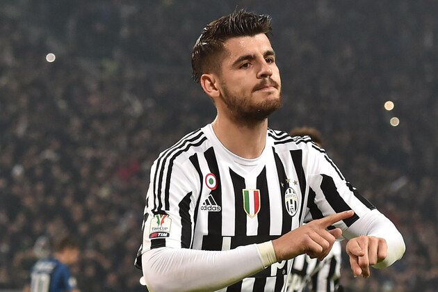 TURIN, ITALY - JANUARY 27:  Alvaro Morata of Juventus FC celebrates after scoring the opening goal from the penalty spot during the TIM Cup match between Juventus FC and FC Internazionale Milano at Juventus Arena on January 27, 2016 in Turin, Italy.  (Photo by Valerio Pennicino/Getty Images )
