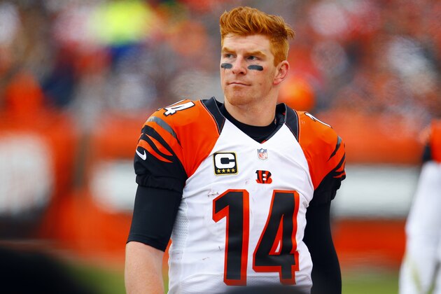 Cincinnati Bengals quarterback Andy Dalton (14) watches his team play the Cleveland Browns from the bench area during an NFL football game, Sunday, Dec. 6, 2015, in Cleveland. (Jeff Haynes/AP Images for Panini)