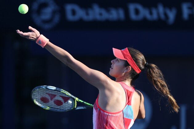 Ana Ivanovic from Serbia serves the ball to Daria Gavrilova from Australia during the second day of the Dubai Tennis Championships in Dubai, United Arab Emirates, Tuesday, Feb. 16, 2016. (AP Photo/Kamran Jebreili)