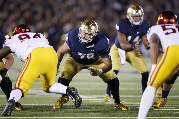 SOUTH BEND, IN - OCTOBER 17: Steve Elmer #79 of the Notre Dame Fighting Irish in action during a game against the USC Trojans at Notre Dame Stadium on October 17, 2015 in South Bend, Indiana. Notre Dame defeated USC 41-31. (Photo by Joe Robbins/Getty Images)