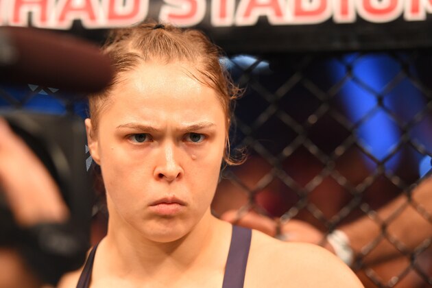 MELBOURNE, AUSTRALIA - NOVEMBER 15:  Ronda Rousey looks on before facing Holly Holm (not pictured) in their UFC women's bantamweight championship bout during the UFC 193 event at Etihad Stadium on November 15, 2015 in Melbourne, Australia.  (Photo by Josh Hedges/Zuffa LLC/Zuffa LLC via Getty Images)