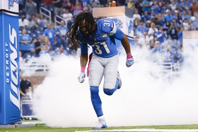 Detroit Lions cornerback Rashean Mathis (31) during player introductions prior to an NFL football game against the Arizona Cardinals at Ford Field in Detroit, Sunday, Oct. 11, 2015. (AP Photo/Rick Osentoski)