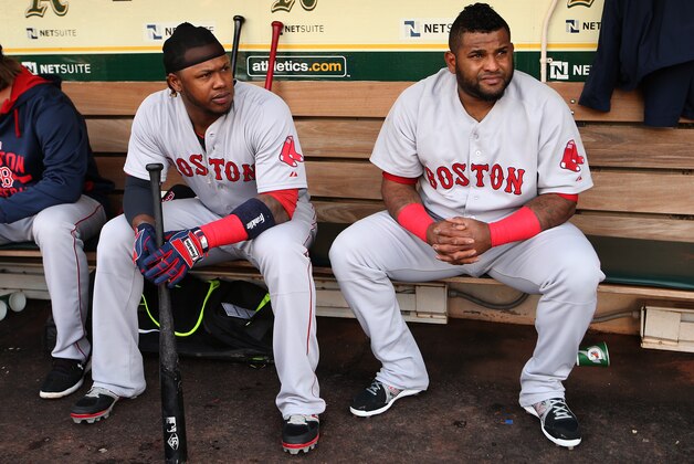 OAKLAND, CA - MAY 11: Hanley Ramirez #13 and Pablo Sandoval #48 of the Boston Red Sox sit in the dugout before the game against the Oakland Athletics at O.co Coliseum on Monday, May 11, 2015 in Oakland, California. (Photo by Brad Mangin/MLB Photos via Getty Images) OAKLAND, CA - MAY 11: Hanley Ramirez #13 and Pablo Sandoval #48 of the Boston Red Sox sit in the dugout before the game against the Oakland Athletics at O.co Coliseum on Monday, May 11, 2015 in Oakland, California. (Photo by Brad Mangin/MLB Photos via Getty Images)