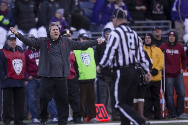 SEATTLE, WA - NOVEMBER 27: Washington State Cougars head coach Mike Leach protests a call during the first half of a football game against the Washington Huskies at Husky Stadium on November 27, 2015 in Seattle, Washington. (Photo by Stephen Brashear/Getty Images)