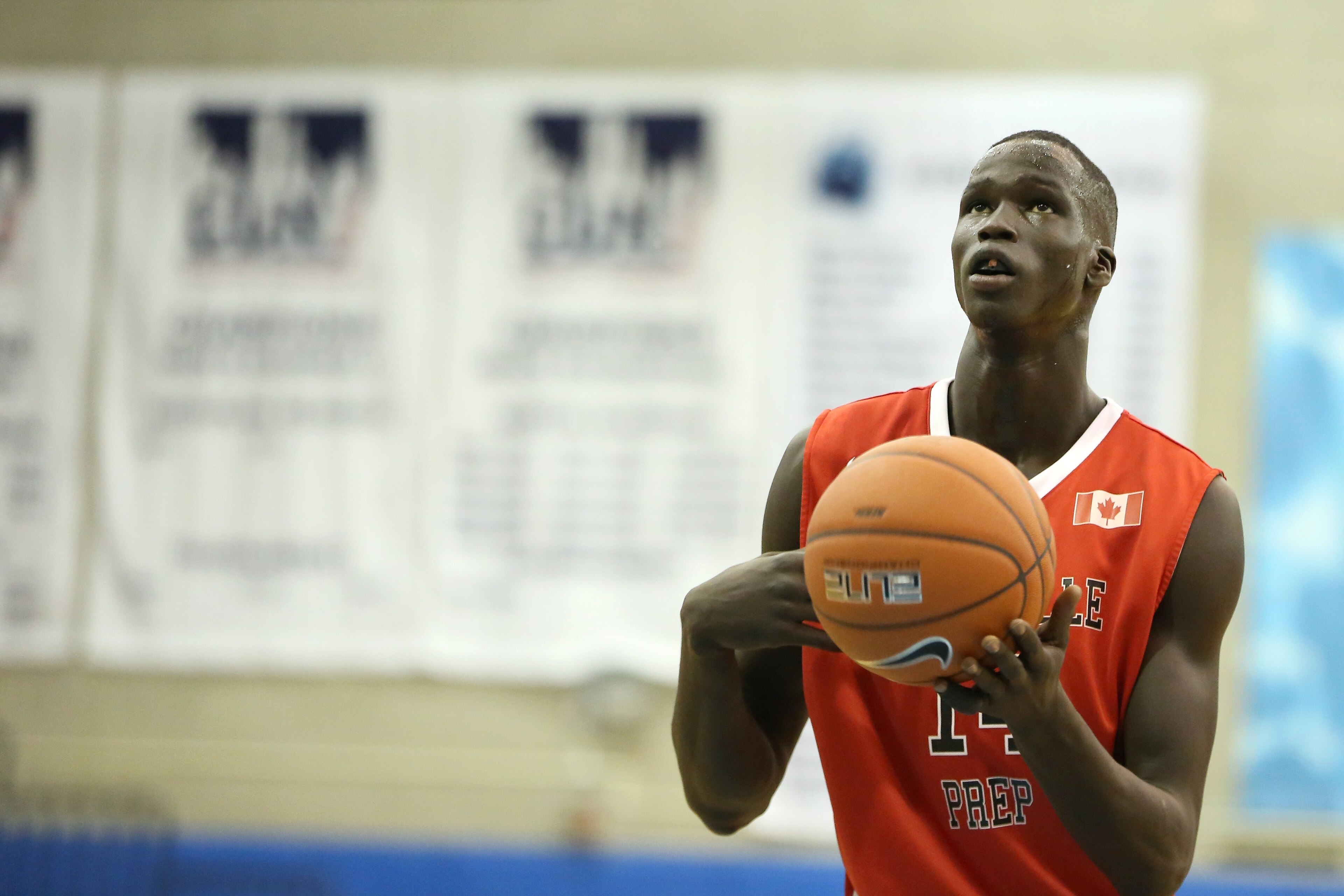 Orangeville Prep's Thon Maker #14 shoots a free throw against Phelps Academy during their Big Apple Basketball Classic high school basketball game in Manhattan, NY on Saturday, January 17,  2015.  (AP Photo/Gregory Payan)