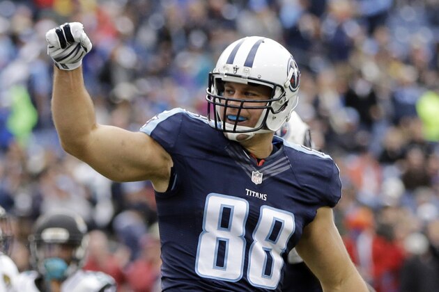 Tennessee Titans tight end Craig Stevens celebrates after catching a 10-yard touchdown pass against the Jacksonville Jaguars in the first half of an NFL football game Sunday, Dec. 6, 2015, in Nashville, Tenn. (AP Photo/James Kenney)