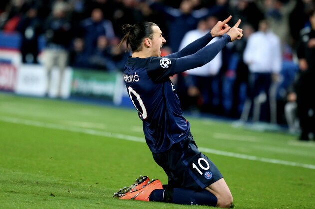 PARIS, FRANCE - FEBRUARY 16:  Zlatan Ibrahimovic of Paris Saint-Germain celebrate his goal during the UEFA Champions League round of 16 (first leg) between Paris Saint-Germain and Chelsea FC at Parc Des Princes on february 16, 2016 in Paris, France.  (Photo by Xavier Laine/Getty Images)