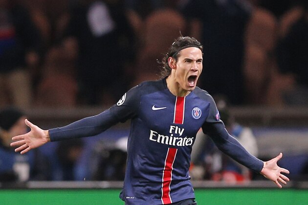 PSG's Edinson Cavani celebrates his goal during the Champions League round of 16, 1st leg soccer match between Paris Saint Germain and Chelsea at the Parc des Princes stadium in Paris, France, Tuesday, Feb. 16, 2016. (AP Photo/Christophe Ena)