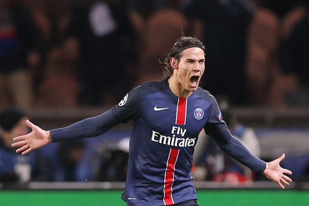 PSG's Edinson Cavani celebrates his goal during the Champions League round of 16, 1st leg soccer match between Paris Saint Germain and Chelsea at the Parc des Princes stadium in Paris, France, Tuesday, Feb. 16, 2016. (AP Photo/Christophe Ena)