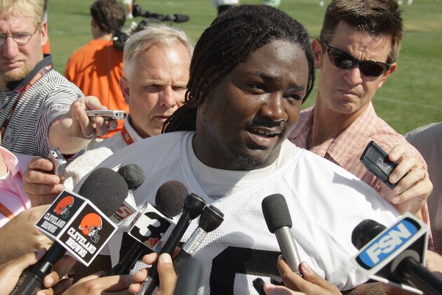 Cleveland Browns center Alonzo Ephraim talks to reporters after practice at the team's football training camp Wednesday, Aug. 16, 2006, in Berea, Ohio. The NFL has suspended Ephraim for the first four games of the 2006 season for violating the league's substance abuse policy. (AP Photo/Mark Duncan)