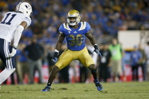UCLA linebacker Myles Jack in action against BYU during an NCAA college football game, Saturday, Sept. 19, 2015, in Pasadena, Calif. UCLA won 24-23. (AP Photo/Danny Moloshok)
