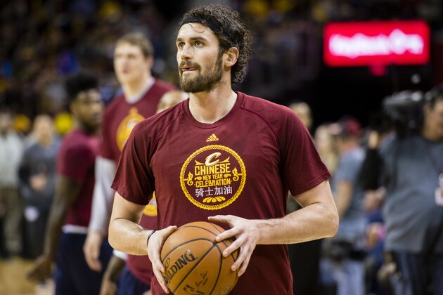 CLEVELAND, OH - FEBRUARY 8: Kevin Love #0 of the Cleveland Cavaliers warmup on the court prior to the game against the Sacramento Kings at Quicken Loans Arena on February 8, 2016 in Cleveland, Ohio. The Cavaliers defeated the Kings 120-100. NOTE TO USER: User expressly acknowledges and agrees that, by downloading and/or using this photograph, user is consenting to the terms and conditions of the Getty Images License Agreement. Mandatory copyright notice. (Photo by Jason Miller/Getty Images)