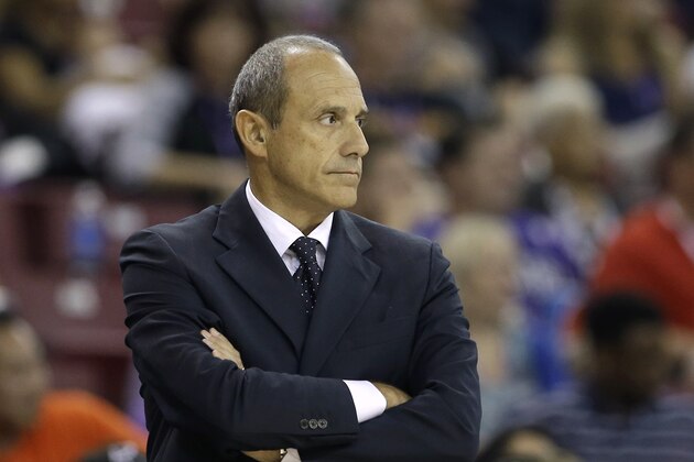 San Antonio Spurs assistant coach Ettore Messina, of Italy, during the second half of an NBA preseason basketball game against the Sacramento Kings in Sacramento, Calif., Thursday Oct. 8, 2015. Spurs head coach Gregg Popovich did not travel with the team and Messina filled in as head coach. The Kings won 95-92.(AP Photo/Rich Pedroncelli) San Antonio Spurs assistant coach Ettore Messina, of Italy, during the second half of an NBA preseason basketball game against the Sacramento Kings in Sacramento, Calif., Thursday Oct. 8, 2015. Spurs head coach Gregg Popovich did not travel with the team and Messina filled in as head coach. The Kings won 95-92.(AP Photo/Rich Pedroncelli)