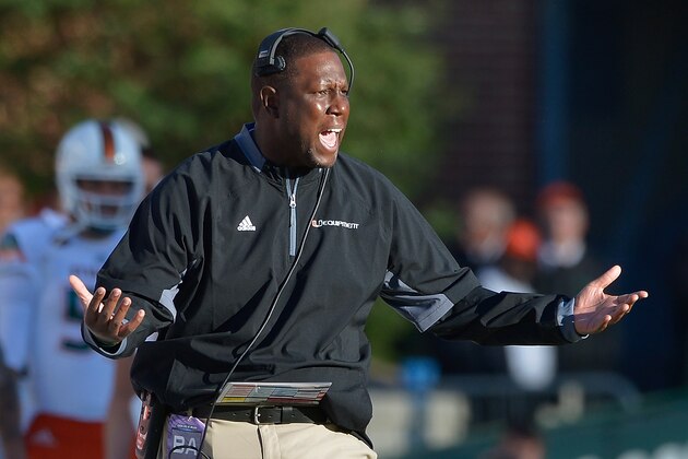 CHAPEL HILL, NC - NOVEMBER 14:  Head coach Larry Scott of the Miami Hurricanes reacts during their game against the North Carolina Tar Heels at Kenan Stadium on November 14, 2015 in Chapel Hill, North Carolina.  (Photo by Grant Halverson/Getty Images)