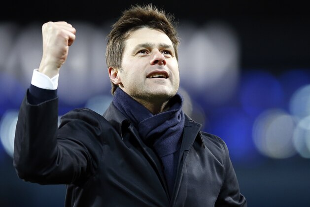 Tottenham's manager Mauricio Pochettino celebrates at the end of the English Premier League soccer match between Manchester City and Tottenham Hotspur's at the Etihad Stadium in Manchester, England, Sunday Feb. 14, 2016. Tottenham won 2-1. (AP Photo/Jon Super)