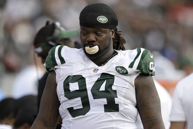 New York Jets nose tackle Damon Harrison (94) walks on the sideline during the second half of an NFL football game against the Oakland Raiders in Oakland, Calif., Sunday, Nov. 1, 2015. (AP Photo/Ben Margot)