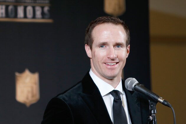 Drew Brees of the New Orleans Saints poses in the press room at the 5th annual NFL Honors at the Bill Graham Civic Auditorium on Saturday, Feb. 6, 2016, in San Francisco. (Photo by Alison Yin/Invision for NFL/AP Images)