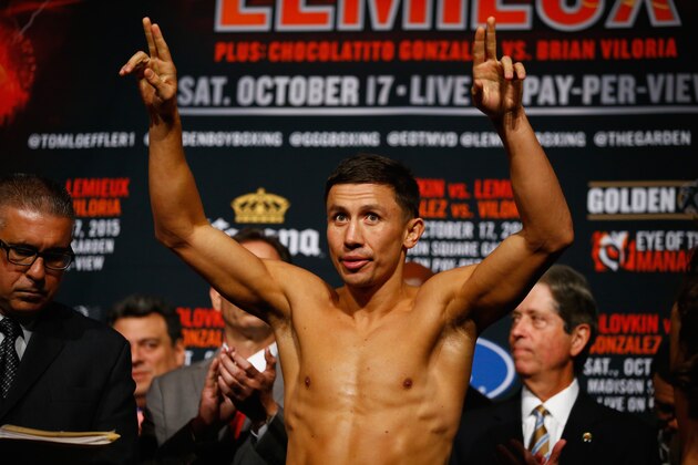 NEW YORK, NY - OCTOBER 16:  Gennady Golovkin weighs in for his WBA/WBC interim/IBF middleweight title unification bout against  David Lemieux at Madison Square Garden on October 16, 2015 in New York City.  (Photo by Al Bello/Getty Images)