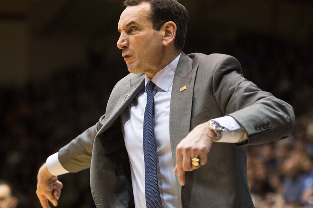 Duke head basketball coach Mike Krzyzewski shouts to the court during the second half of an NCAA college basketball game against Syracuse at Cameron Indoor Stadium in Durham, N.C., Monday, Jan. 18, 2016. Syracuse defeated Duke 64-62. (AP Photo/Ben McKeown)