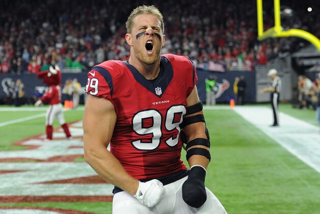 Houston Texans defensive end J.J. Watt (99) takes the field before an NFL football game against the New England Patriots, Sunday,  Dec. 13, 2015, in Houston. (AP Photo/George Bridges)