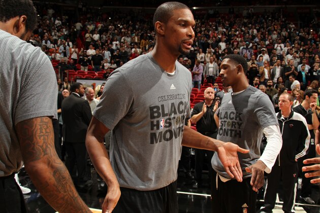 MIAMI, FL - FEBRUARY 9:  Chris Bosh #1 of the Miami Heat is introduced before the game against the San Antonio Spurs on February 9, 2016 at American Airlines Arena in Miami, Florida. NOTE TO USER: User expressly acknowledges and agrees that, by downloading and or using this Photograph, user is consenting to the terms and conditions of the Getty Images License Agreement. Mandatory Copyright Notice: Copyright 2016 NBAE (Photo by Issac Baldizon/NBAE via Getty Images)