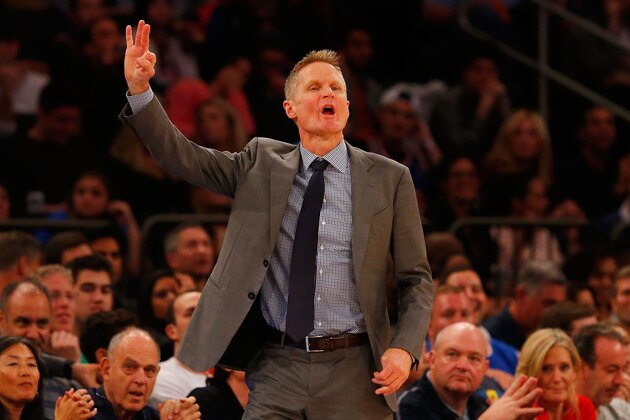 NEW YORK, NY - JANUARY 31:  (NEW YORK DAILIES OUT)    Head coach Steve Kerr of the Golden State Warriors in action against the New York Knicks at Madison Square Garden on January 31, 2016 in New York City. The Warriors defeated the Knicks 116-95.  NOTE TO USER: User expressly acknowledges and agrees that, by downloading and/or using this Photograph, user is consenting to the terms and conditions of the Getty Images License Agreement.  (Photo by Jim McIsaac/Getty Images)