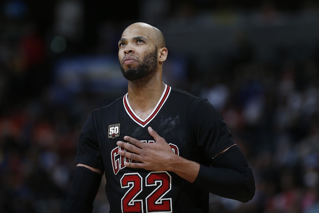 Chicago Bulls forward Taj Gibson (22) in the second half of an NBA basketball game Friday, Feb. 5, 2016, in Denver. The Nuggets won 115-110. (AP Photo/David Zalubowski)