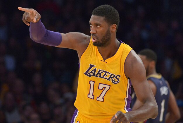 Jan 12, 2016; Los Angeles, CA, USA; Los Angeles Lakers center Roy Hibbert (17) gestures from the court against the New Orleans Pelicans at Staples Center. Mandatory Credit: Kirby Lee-USA TODAY Sports