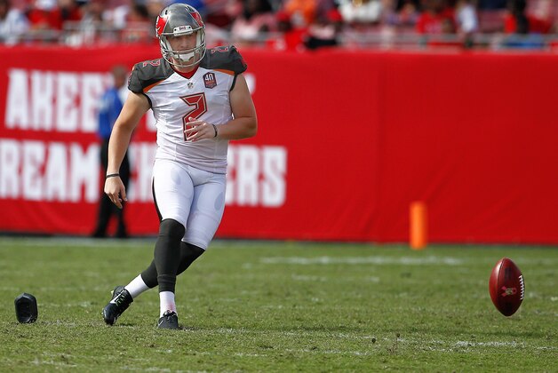 Oct 4, 2015; Tampa, FL, USA; Tampa Bay Buccaneers kicker Kyle Brindza (2) kicks the ball during the fourth quarter of an NFL football game against the Carolina Panthers at Raymond James Stadium. Carolina won 37-23. Mandatory Credit: Reinhold Matay-USA TODAY Sports