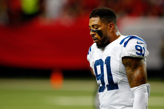 ATLANTA, GA - NOVEMBER 22:  Jonathan Newsome #91 of the Indianapolis Colts reacts after a holding penalty during the second half against the Atlanta Falcons at the Georgia Dome on November 22, 2015 in Atlanta, Georgia.  (Photo by Kevin C. Cox/Getty Images)