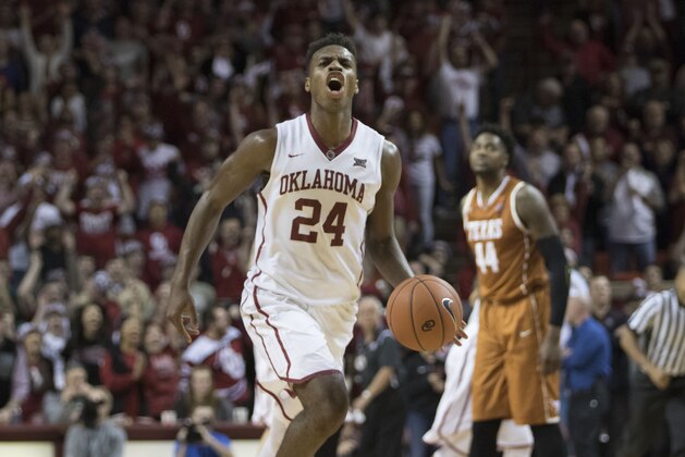 NORMAN, OK - FEBRUARY 8:Buddy Hield #24 of the Oklahoma Sooners reacts after making the winning three point shot and intercepting an in-bound pass during the final second of during a NCAA college basketball game against Texas at the Lloyd Noble Center on February 8, 2016 in Norman, Oklahoma. Oklahoma won 63-60. (Photo by J Pat Carter/Getty Images)