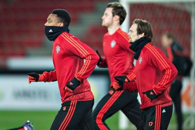 Manchester United player Anthony Martial attends a training at MHC Arena in Hernin on February 17, 2016 prior to their Europa League Round of 32 football match against FC Midtjylland. / AFP / Scanpix Denmark / Henning Bagger / Denmark OUT        (Photo credit should read HENNING BAGGER/AFP/Getty Images)