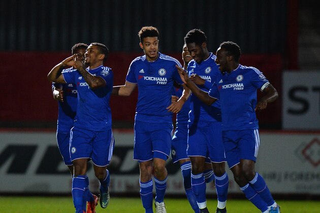 STEVENAGE, ENGLAND - JANUARY 28: Reece Mitchell of Chelsea celebrates scoring their first goal during the Barclays U21 Premier League International Cup match between Tottenham Hotspur U21 and Chelsea U21 at The Lamex Stadium on January 28, 2016 in Stevenage, England.  (Photo by Tony Marshall/Getty Images)