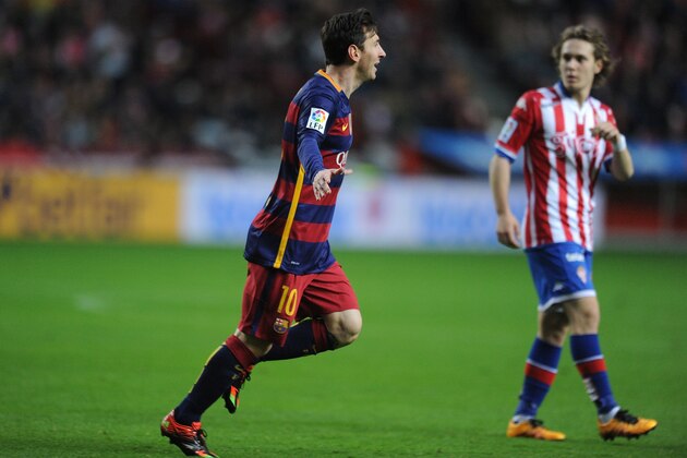 GIJON, SPAIN - FEBRUARY 17:  Lionel Messi of FC Barcelona celebrates after scoring his team's opening goal during the La Liga match between Sporting Gijon and FC Barcelona at Estadio El Molinon on February 17, 2016 in Gijon, Spain.  (Photo by Denis Doyle/Getty Images)