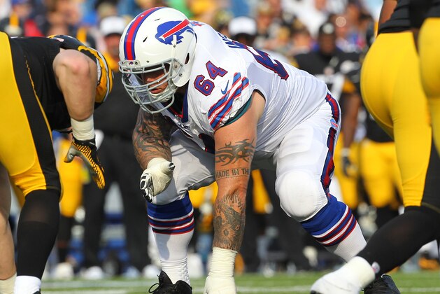 Buffalo Bills guard Richie Incognito (64) prepares for a play against the Pittsburgh Steelers during the first half of a preseason NFL football game on Saturday, Aug. 29, 2015, in Orchard Park, N.Y. (AP Photo/Bill Wippert)