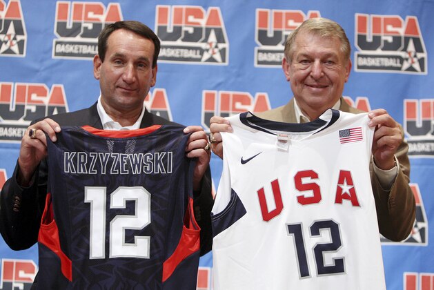 FILE - This July 21, 2009, file photo shows coach Mike Krzyzewski, left, and USA basketball managing director Jerry Colangelo posed with jerseys during a news conference in Las Vegas. Colangelo says he plans to contact players