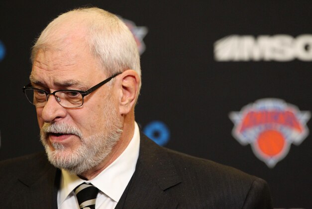 Jan 10, 2015; New York, NY, USA; New York Knicks president Phil Jackson addresses the media before the start of game against the Charlotte Hornets at Madison Square Garden. Mandatory Credit: Noah K. Murray-USA TODAY Sports
