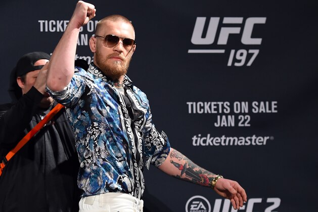 LAS VEGAS, NV - JANUARY 20:  Conor McGregor of Ireland interacts with he crowd during the UFC 197 on-sale press conference event inside MGM Grand Hotel & Casino on January 20, 2016 in Las Vegas, Nevada. (Photo by Jeff Bottari/Zuffa LLC/Zuffa LLC via Getty Images)