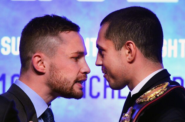 BELFAST, NORTHERN IRELAND - NOVEMBER 18:  Carl Frampton (L) and Scott Quigg (R) exchange heated words during the WBA and IBF super-bantamweight world title unification pre-fight press conference at Europa Hotel on November 18, 2015 in Belfast, Northern Ireland. The much anticipated fight will take place in Manchester on February 27, 2016.  (Photo by Charles McQuillan/Getty Images)