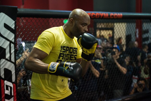 TORRANCE, CA - FEBRUARY 11:   Anderson Silva holds an open training session for fans and media at the UFC Gym on February 11, 2016 in Torrance, California. (Photo by Brandon Magnus/Zuffa LLC/Zuffa LLC via Getty Images)