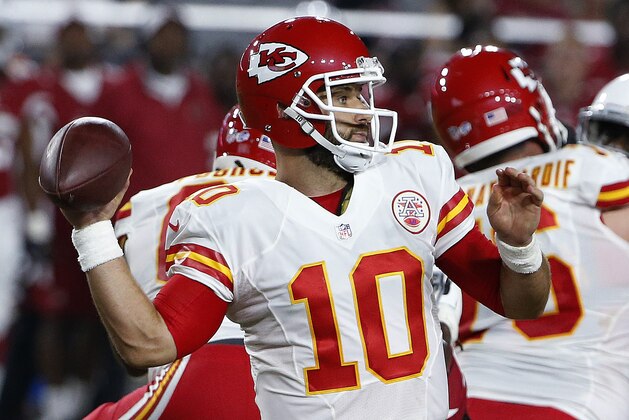Kansas City Chiefs' Chase Daniel throws a pass against the Arizona Cardinals during the first half of an NFL preseason football game Saturday, Aug. 15, 2015, in Glendale, Ariz. (AP Photo/Ross D. Franklin)