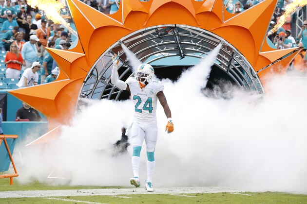 Miami Dolphins cornerback Brice McCain (24) enters the field before the first half of an NFL football game against the Baltimore Ravens, Sunday, Dec. 6, 2015, in Miami Gardens, Fla.  (AP Photo/Wilfredo Lee)