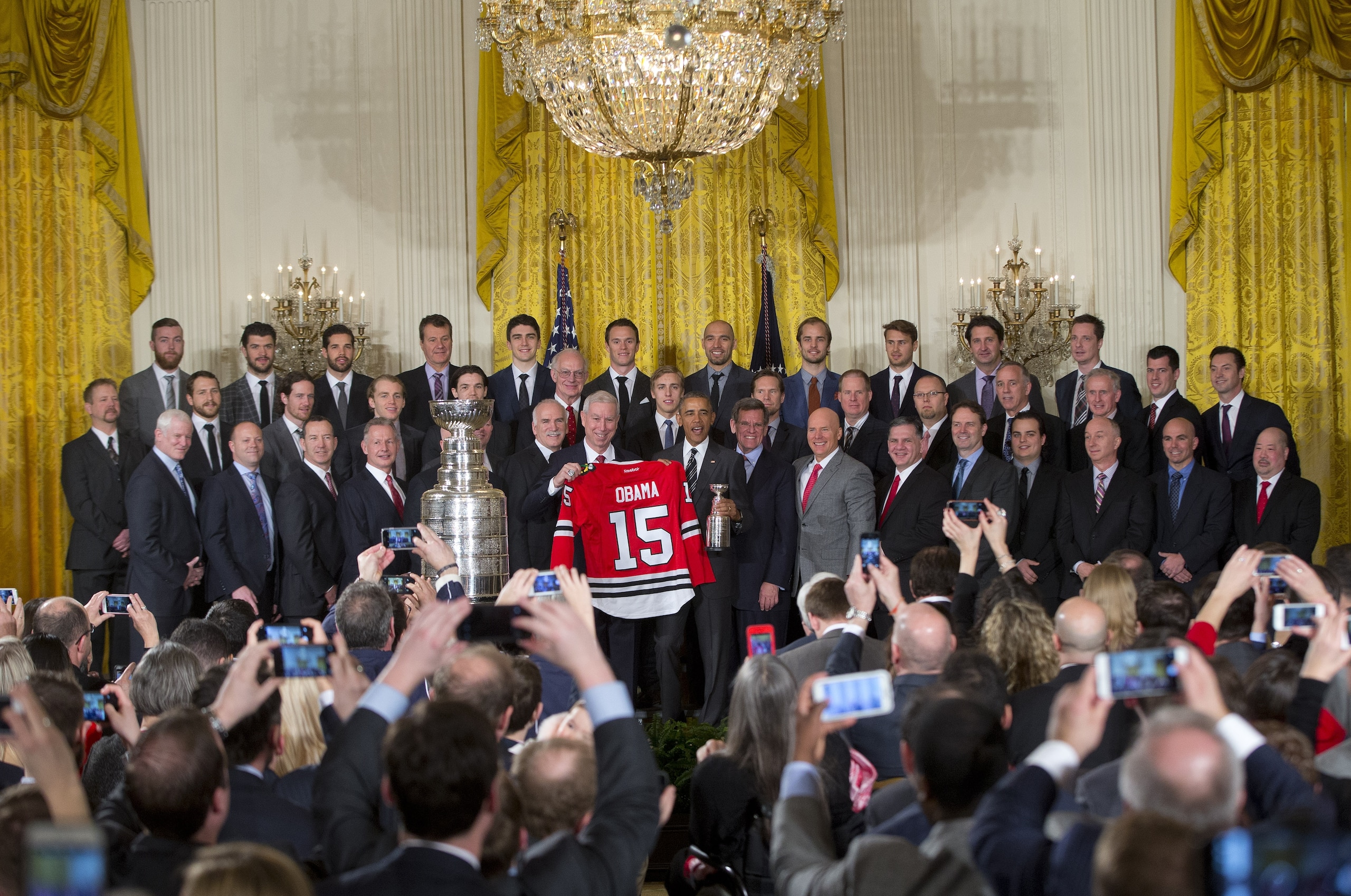 President Barack Obama poses for a group photo during a ceremony to honor the 2015 NHL Stanley Cup Champion Chicago Blackhawks in the East Room of the White House in Washington, Thursday, Feb. 18, 2016. (AP Photo/Pablo Martinez Monsivais) President Barack Obama poses for a group photo during a ceremony to honor the 2015 NHL Stanley Cup Champion Chicago Blackhawks in the East Room of the White House in Washington, Thursday, Feb. 18, 2016. (AP Photo/Pablo Martinez Monsivais)