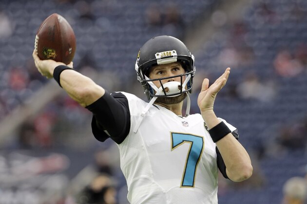 Jacksonville Jaguars quarterback Chad Henne (7) throws before an NFL football game against the Houston Texans,  Sunday, Jan. 3, 2016, in Houston. (AP Photo/David J. Phillip)